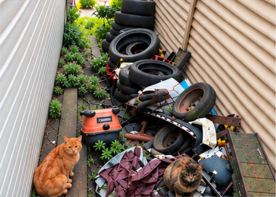 Stray cats in a cluttered habitat before intervention
